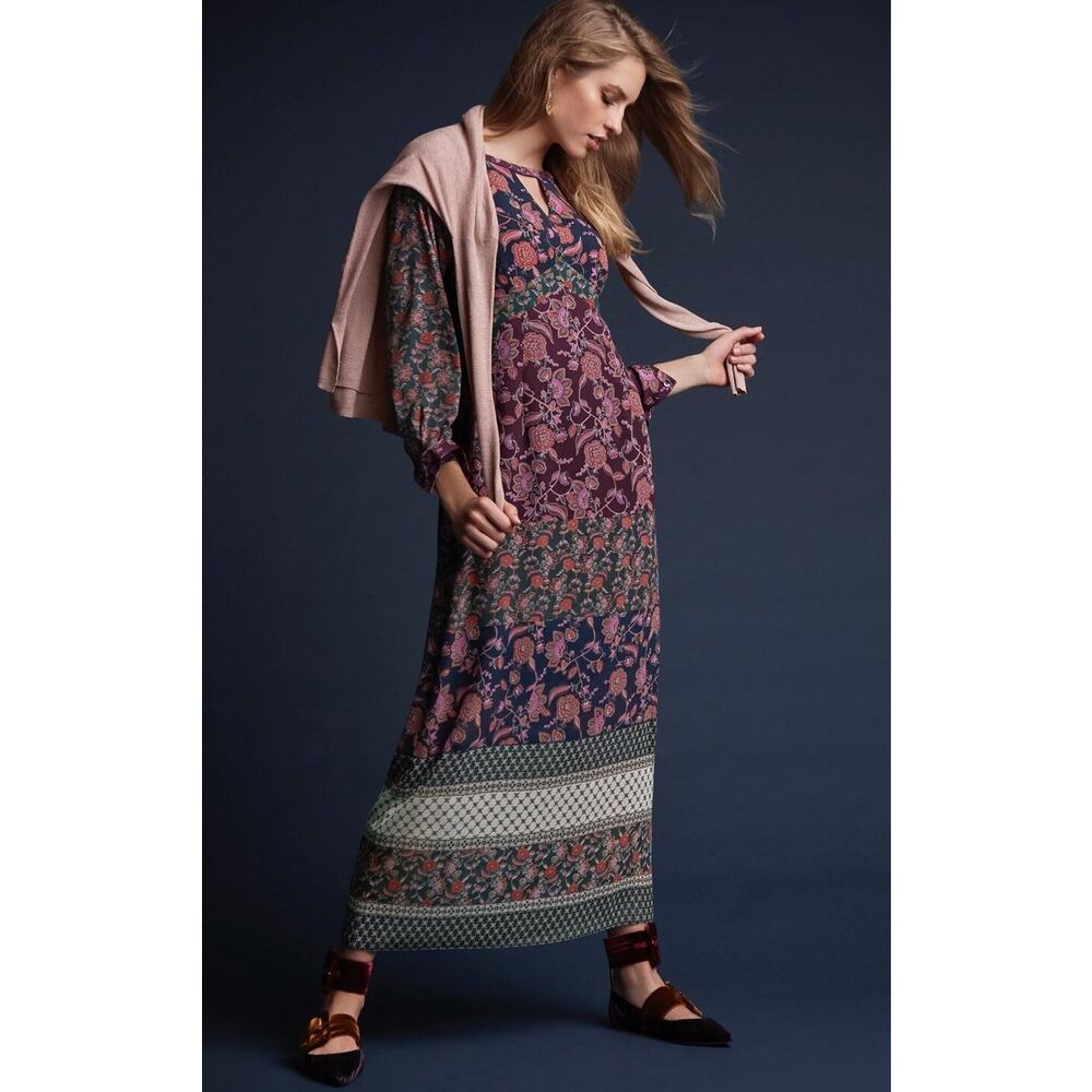 Cabi Festive Mixed Floral Patchwork Long Sleeve Bohemian Kaftan Maxi Dress XL